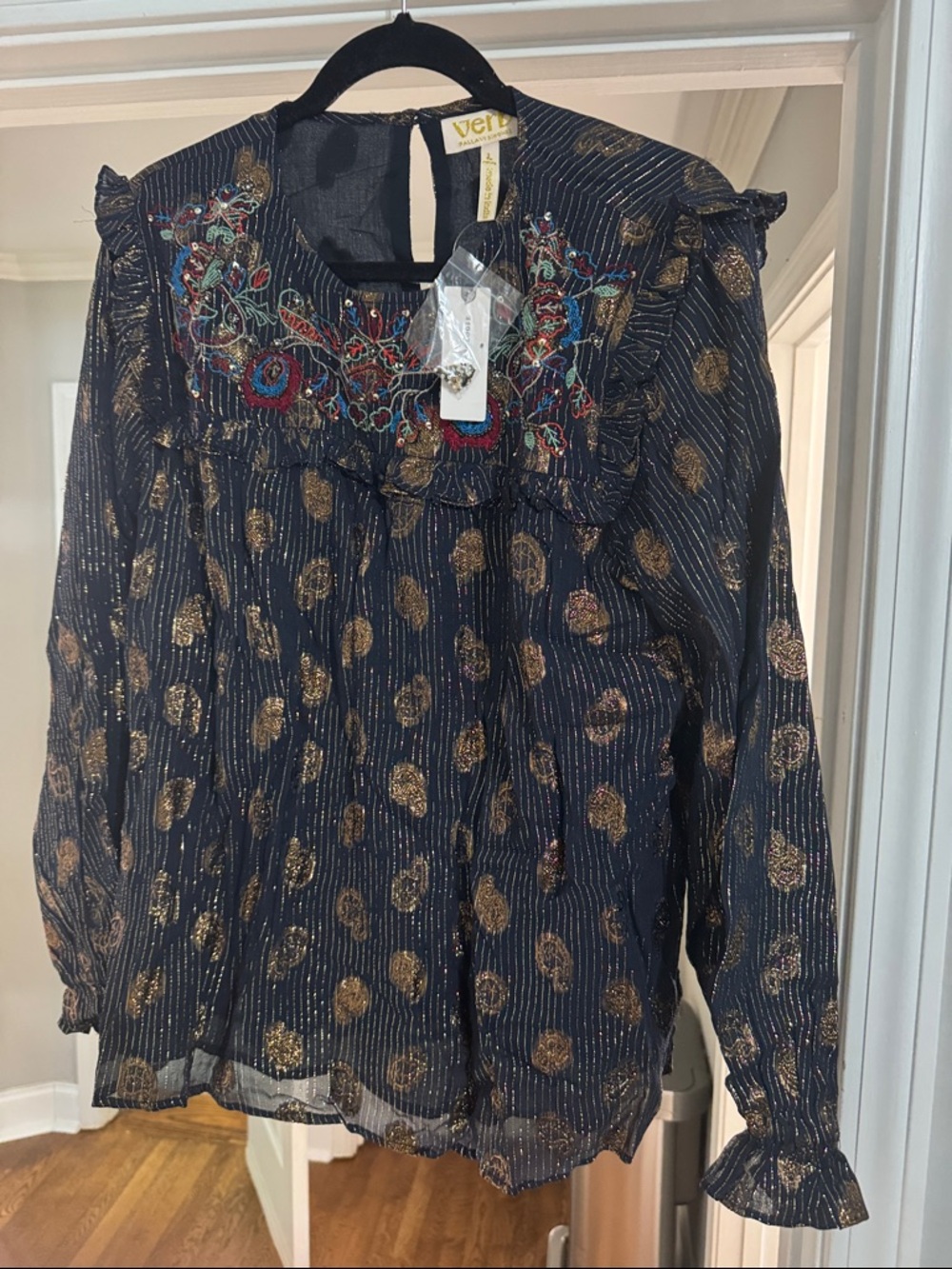 Verb Navy Sheer Blouse with Gold Metallic Dot Embroidery